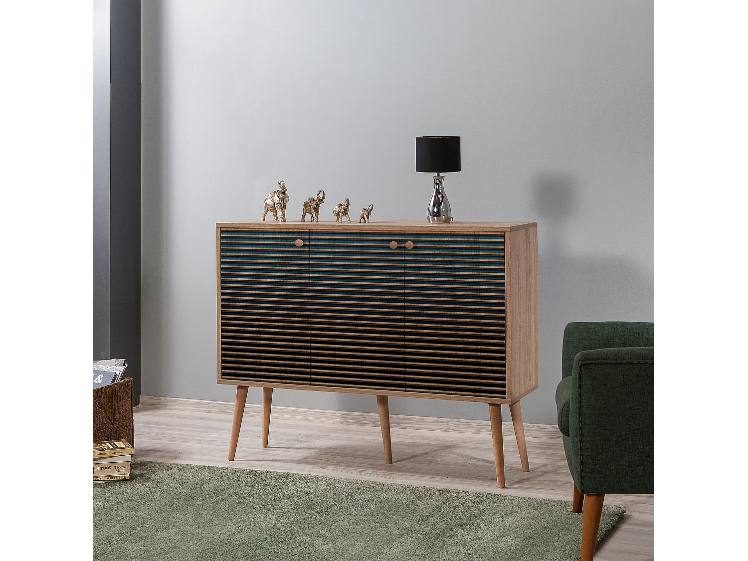 Buffet 3 portes Areva 120x90cm Motif Rayures Bois Naturel et Bleu