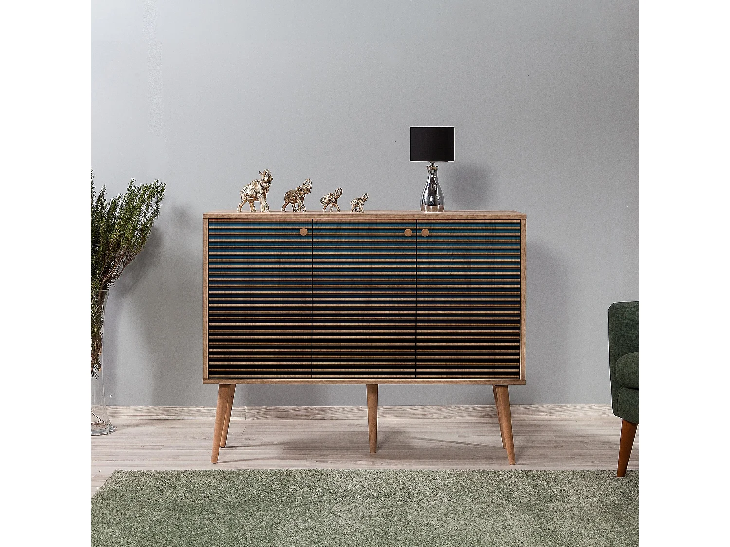 Buffet 3 portes Areva 120x90cm Motif Rayures Bois Naturel et Bleu