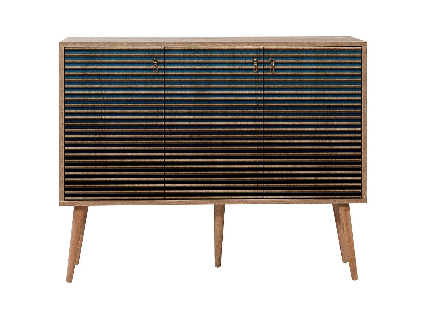 Buffet 3 portes Areva 120x90cm Motif Rayures Bois Naturel et Bleu