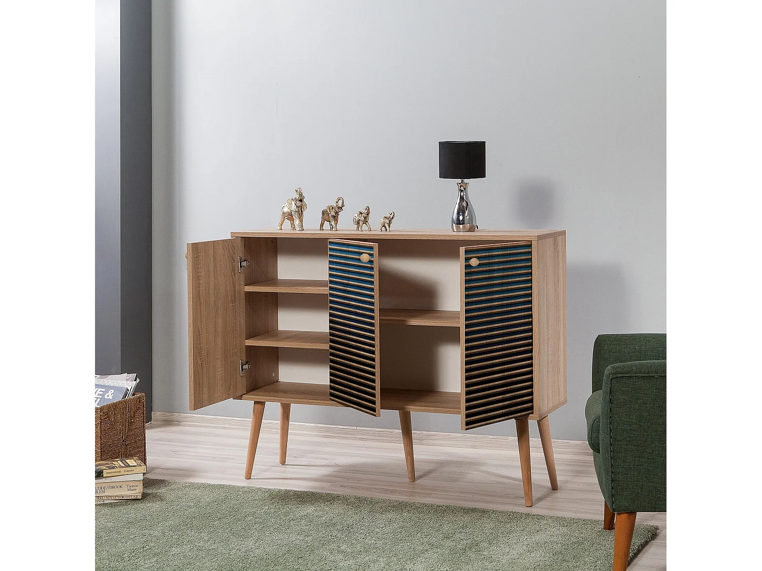 Buffet 3 portes Areva 120x90cm Motif Rayures Bois Naturel et Bleu