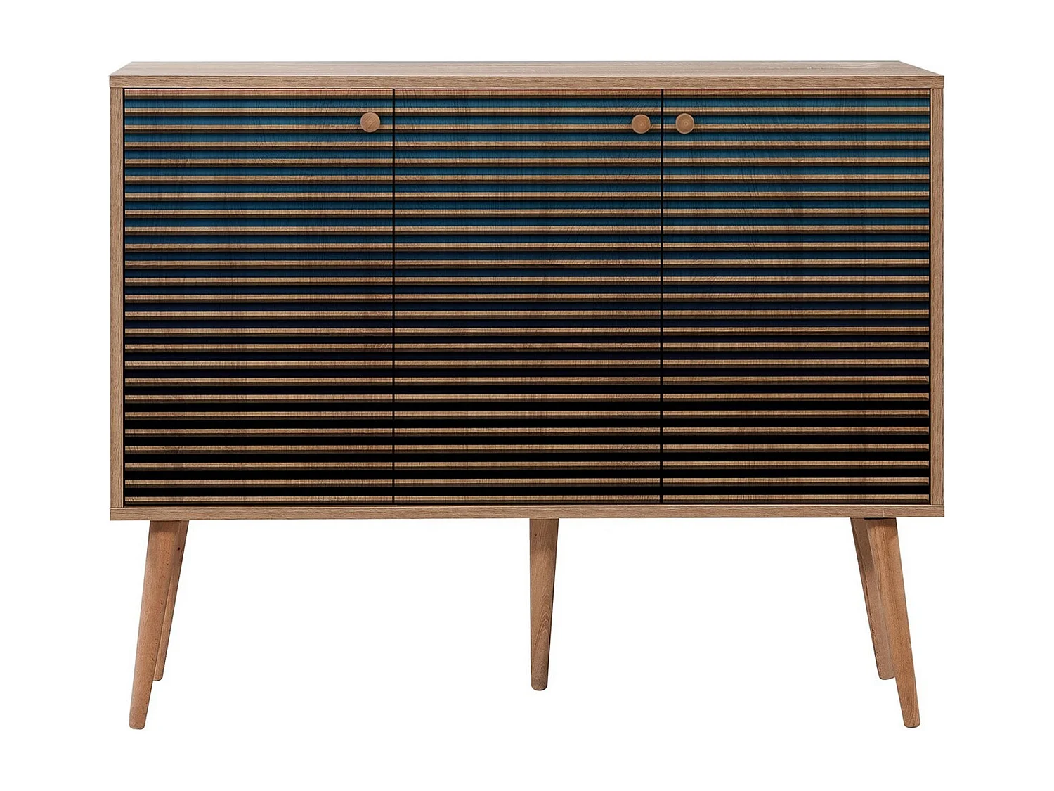 Buffet 3 portes Areva 120x90cm Motif Rayures Bois Naturel et Bleu