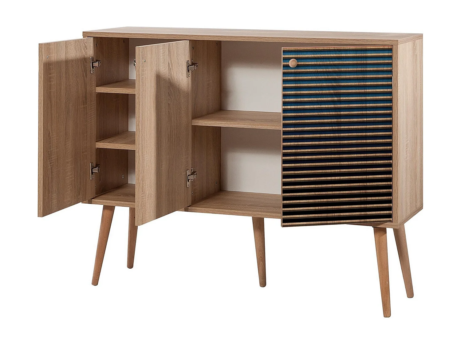 Buffet 3 portes Areva 120x90cm Motif Rayures Bois Naturel et Bleu
