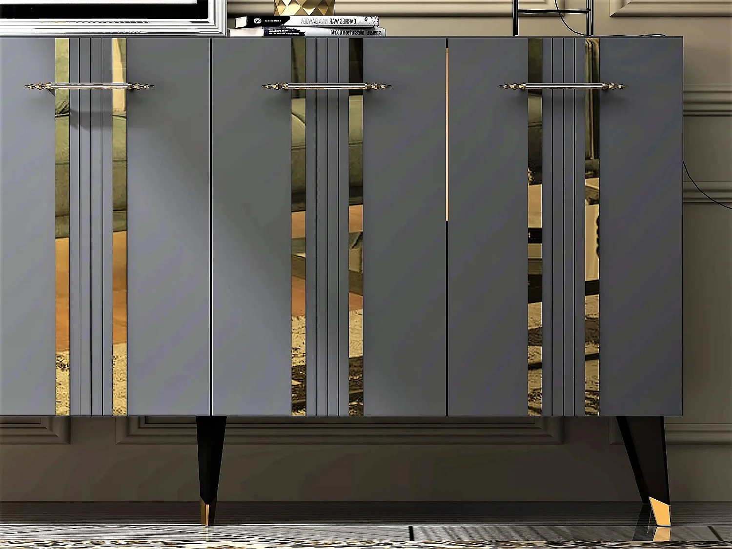 Aparador – 150cm x 80cm x 40cm – Antracite e Dourado – Painel de partículas revestido a melamina