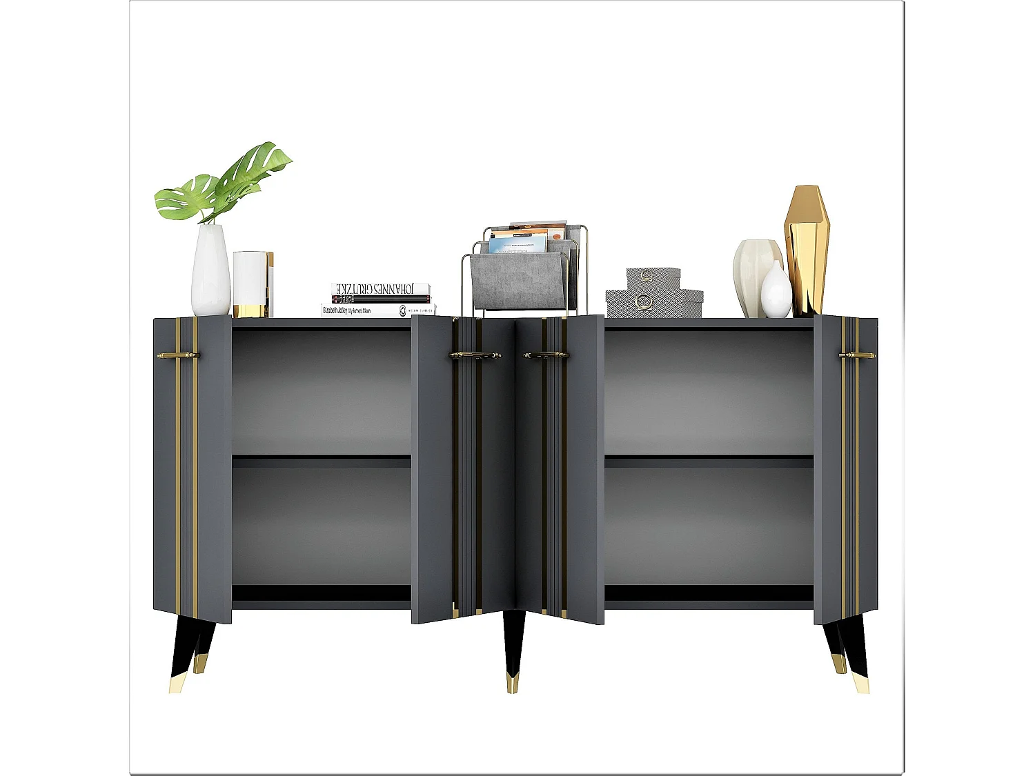 Aparador – 150cm x 80cm x 40cm – Antracite e Dourado – Painel de partículas revestido a melamina