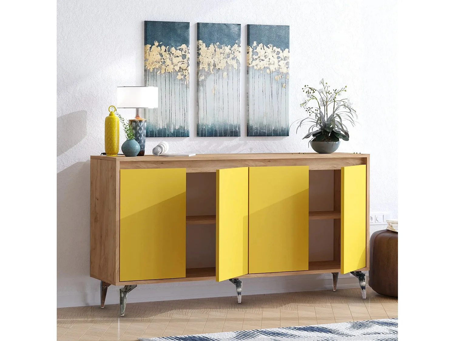 Aparador Moderno com Prateleiras – 140 x 94 x 40 cm – Carvalho e Amarelo – Painel de Partículas Revestido com Melamina