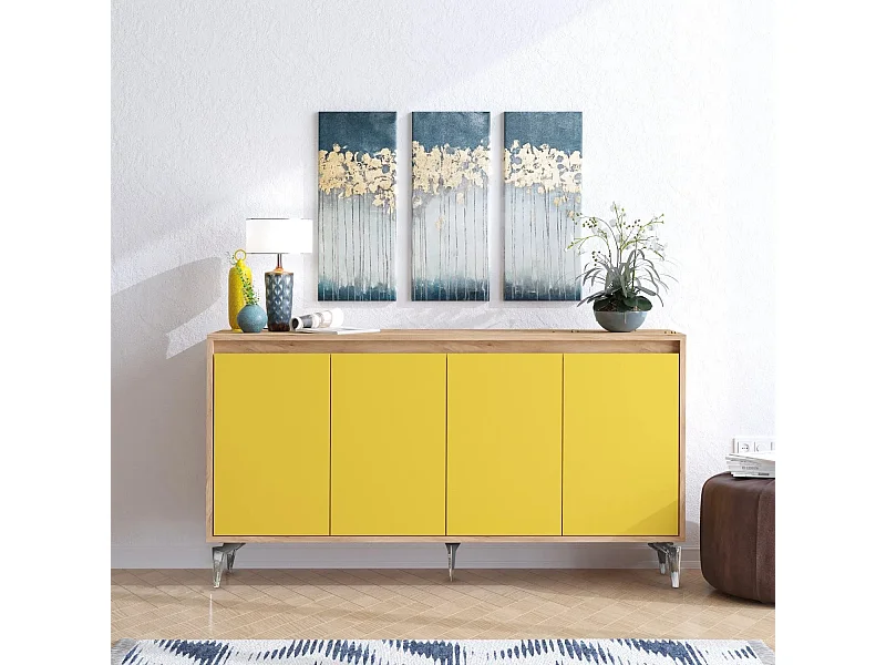 Aparador Moderno com Prateleiras – 140 x 94 x 40 cm – Carvalho e Amarelo – Painel de Partículas Revestido com Melamina