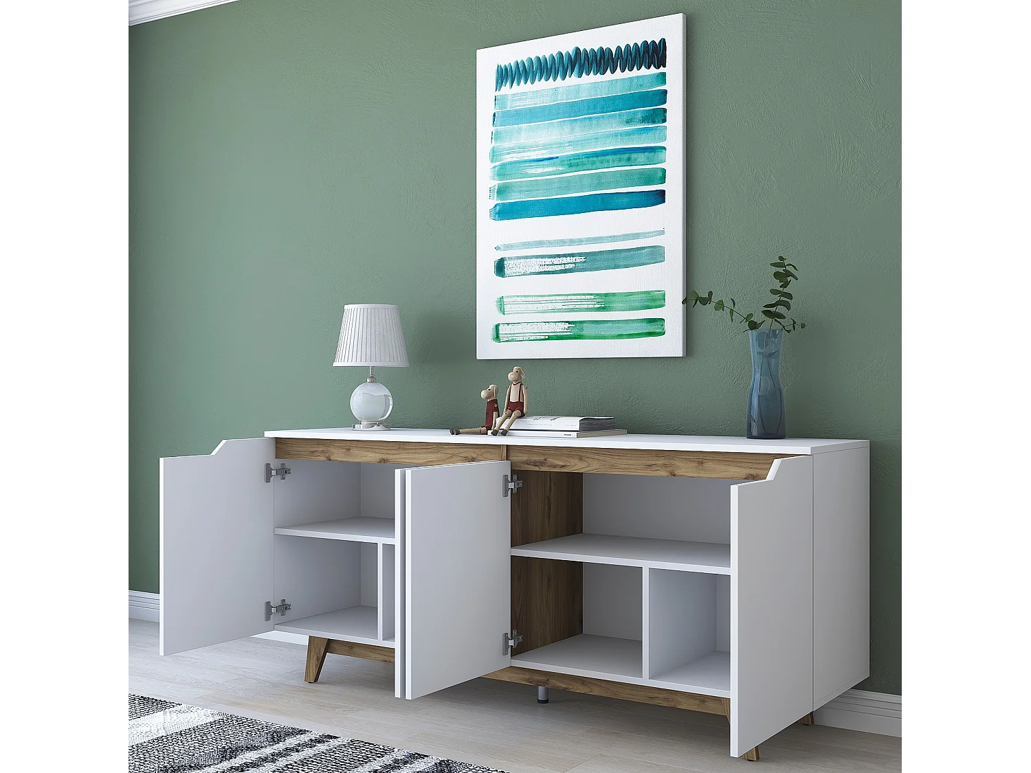Buffet 4 portes Targita 180x78,6cm Bois Naturel et Blanc