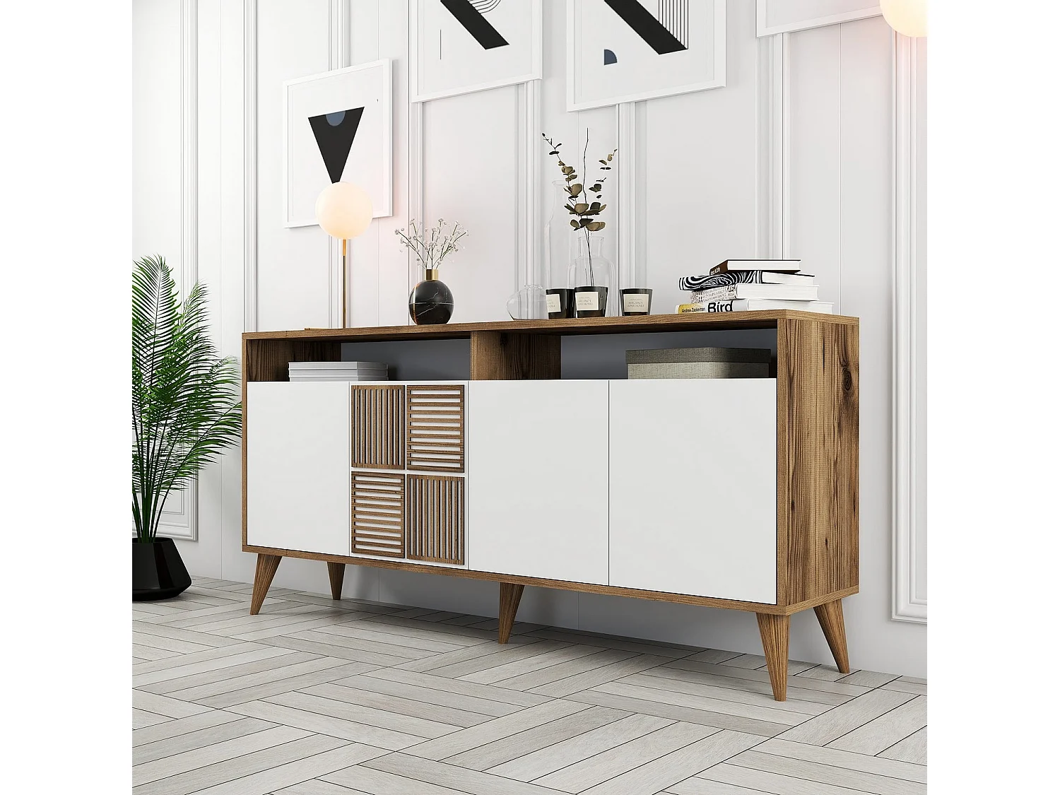 Buffet bas 4 portes et 2 tiroirs Kaltes L160cm Bois et Blanc