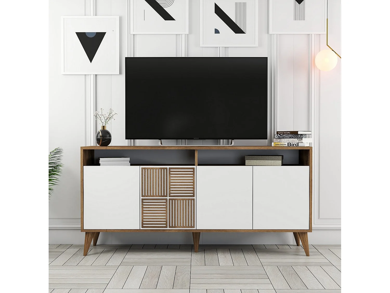 Buffet bas 4 portes et 2 tiroirs Kaltes L160cm Bois et Blanc