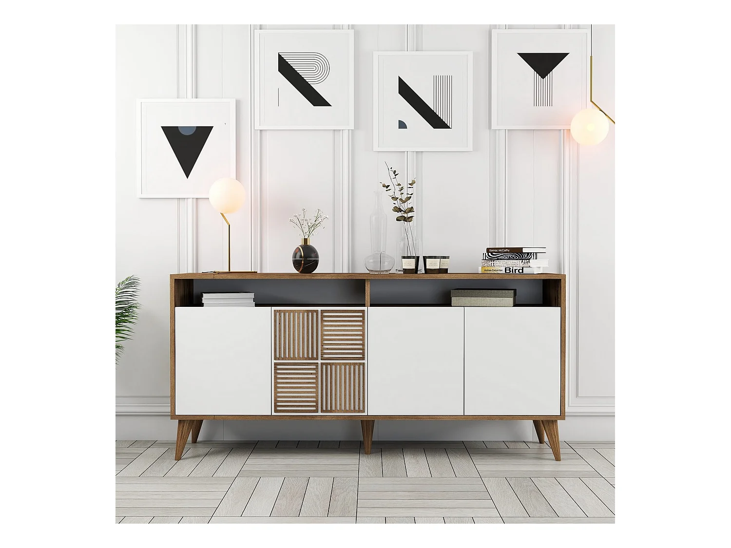 Buffet bas 4 portes et 2 tiroirs Kaltes L160cm Bois et Blanc