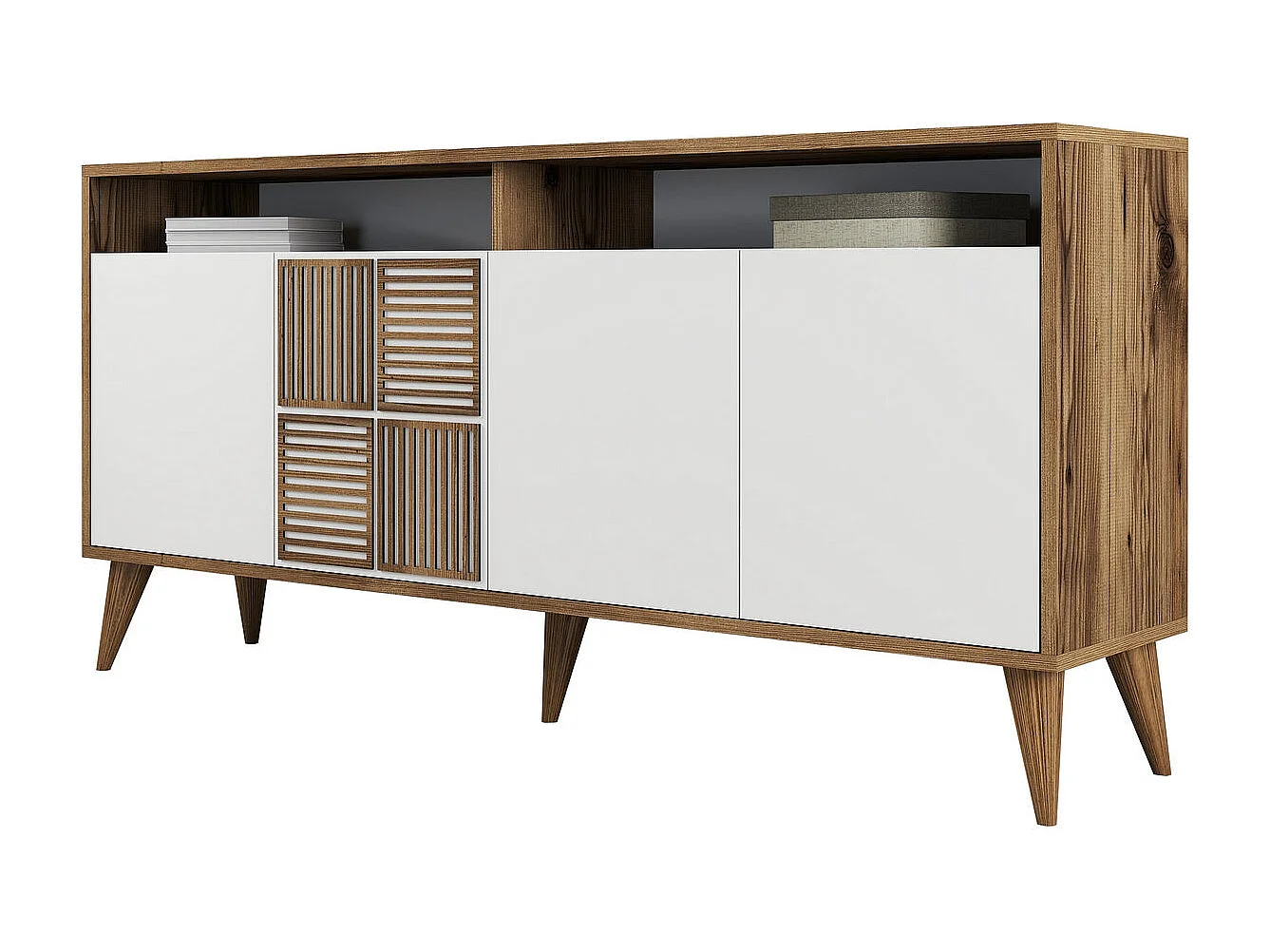 Aparador Moderno – 160 x 78 x 35 cm – Nogueira e Branco – Painéis de Partículas Revestidos a Melamina