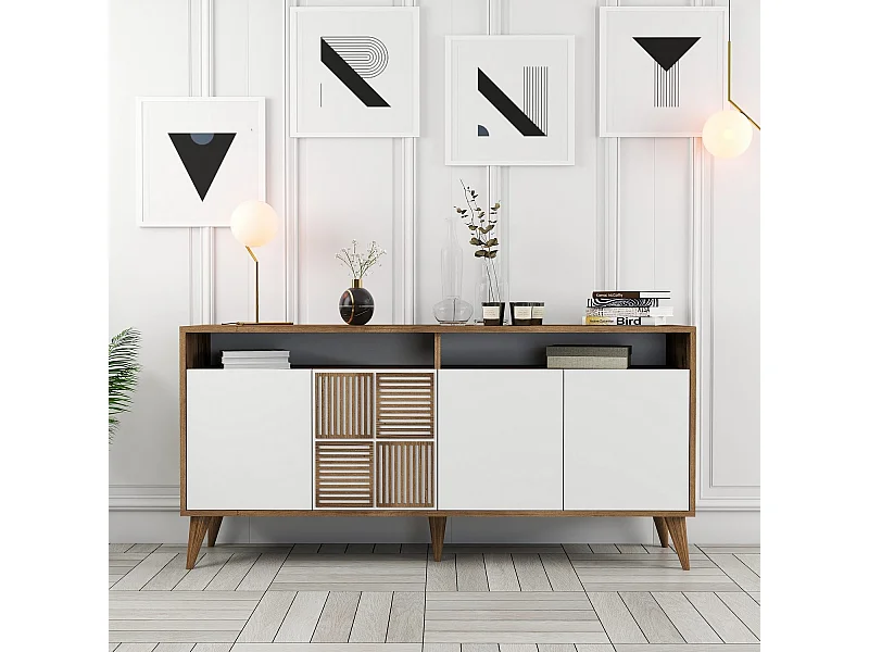 Buffet bas 4 portes et 2 tiroirs Kaltes L160cm Bois et Blanc