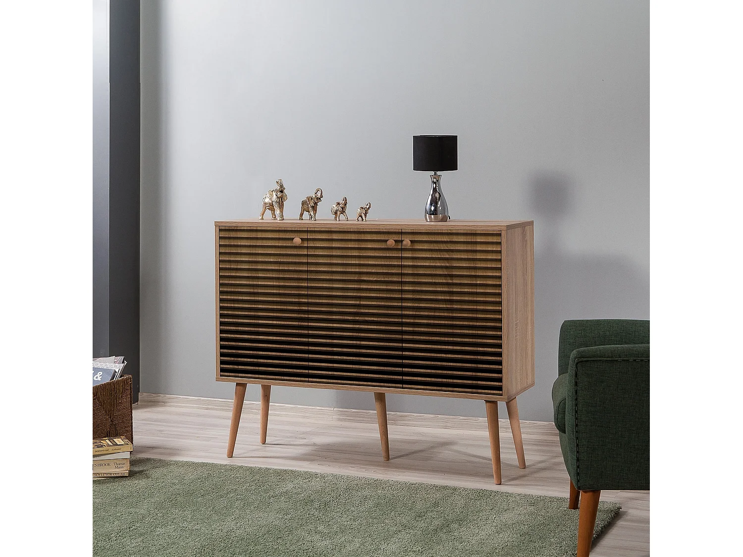 Buffet 3 portes Areva 120x90cm Motif Rayures Bois Naturel et Marron