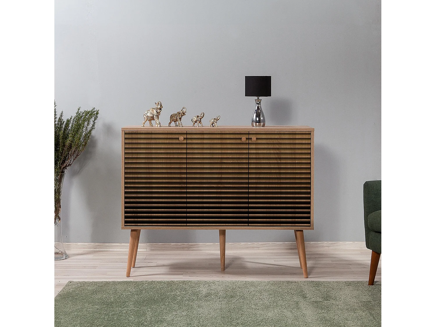 Buffet 3 portes Areva 120x90cm Motif Rayures Bois Naturel et Marron
