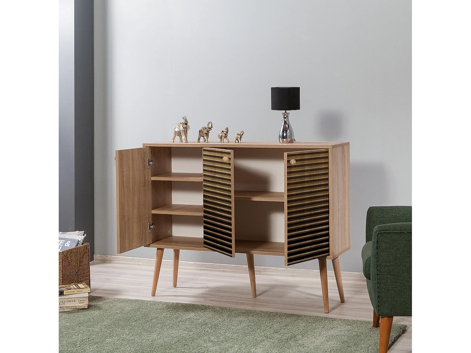 Buffet 3 portes Areva 120x90cm Motif Rayures Bois Naturel et Marron