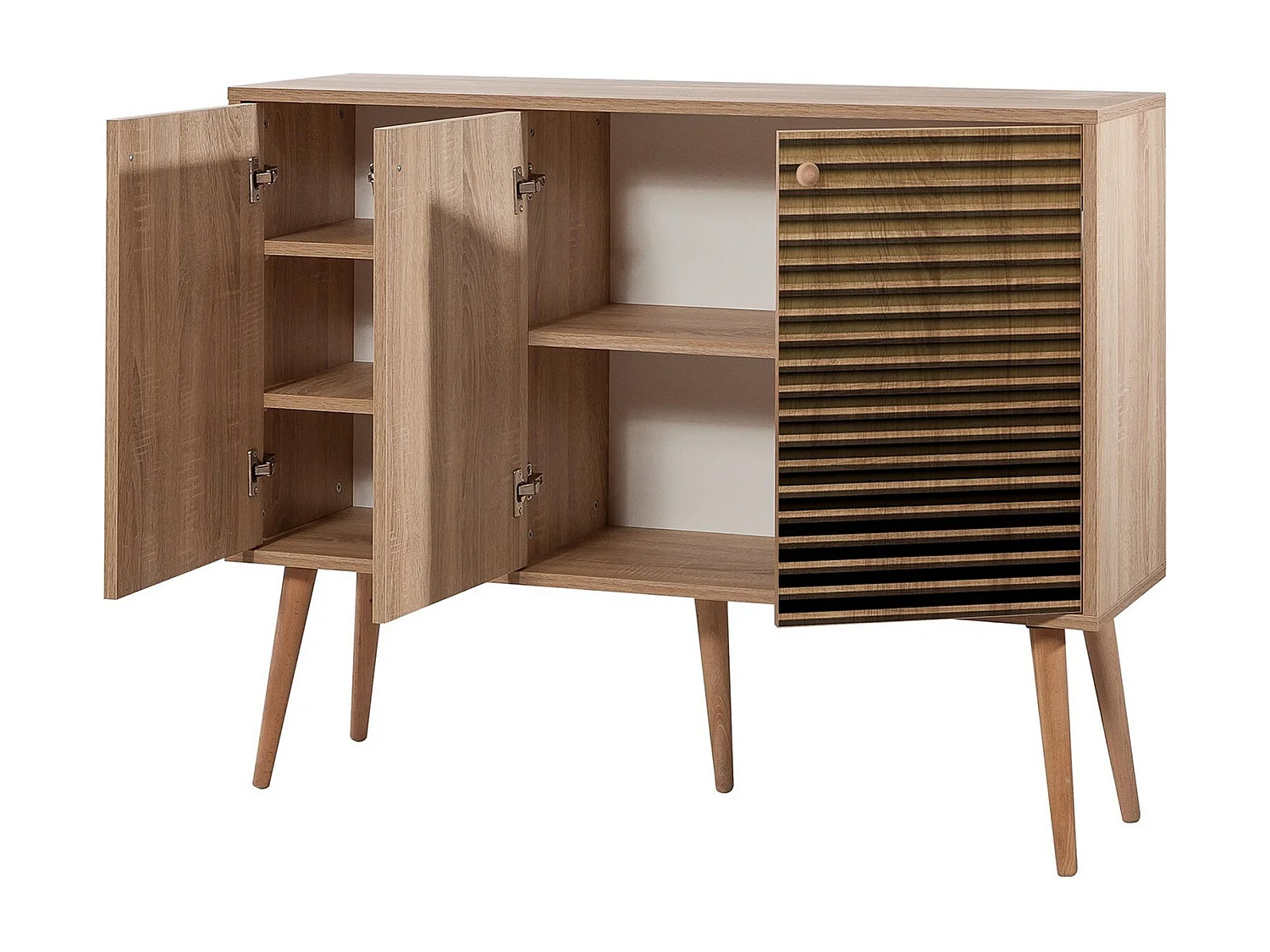 Buffet 3 portes Areva 120x90cm Motif Rayures Bois Naturel et Marron