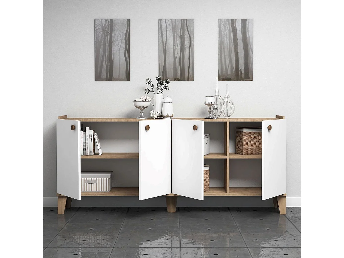 Buffet 4 deuren eiken en wit decor L180 cm - Summer