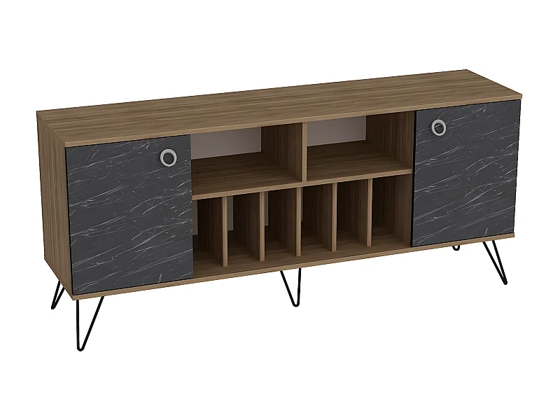 Buffet 2 portes et 2 étagères Ancara 180x78,6cm Bois Naturel et Noir effet marbre