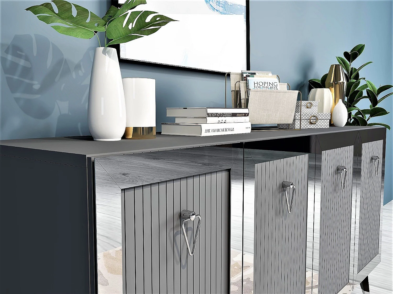 Aparador Kailua 1868, Antracita|Negro|Plata, 80x150x40cm, Aglomerado laminado