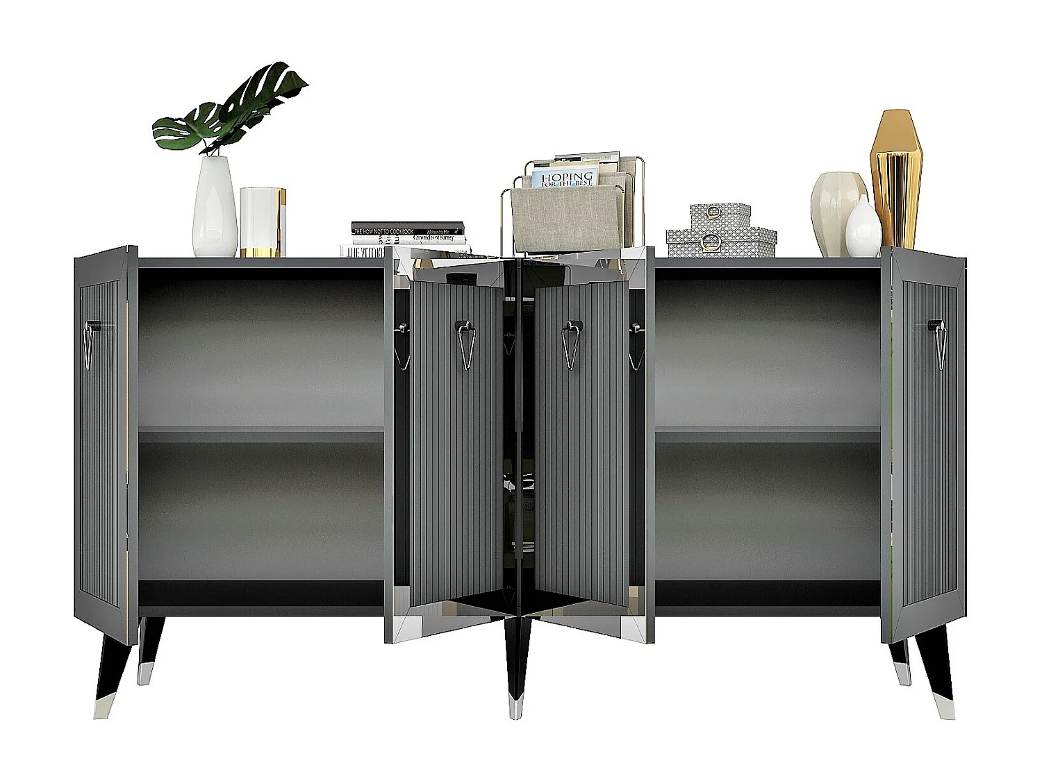 Aparador Kailua 1868, Antracita|Negro|Plata, 80x150x40cm, Aglomerado laminado