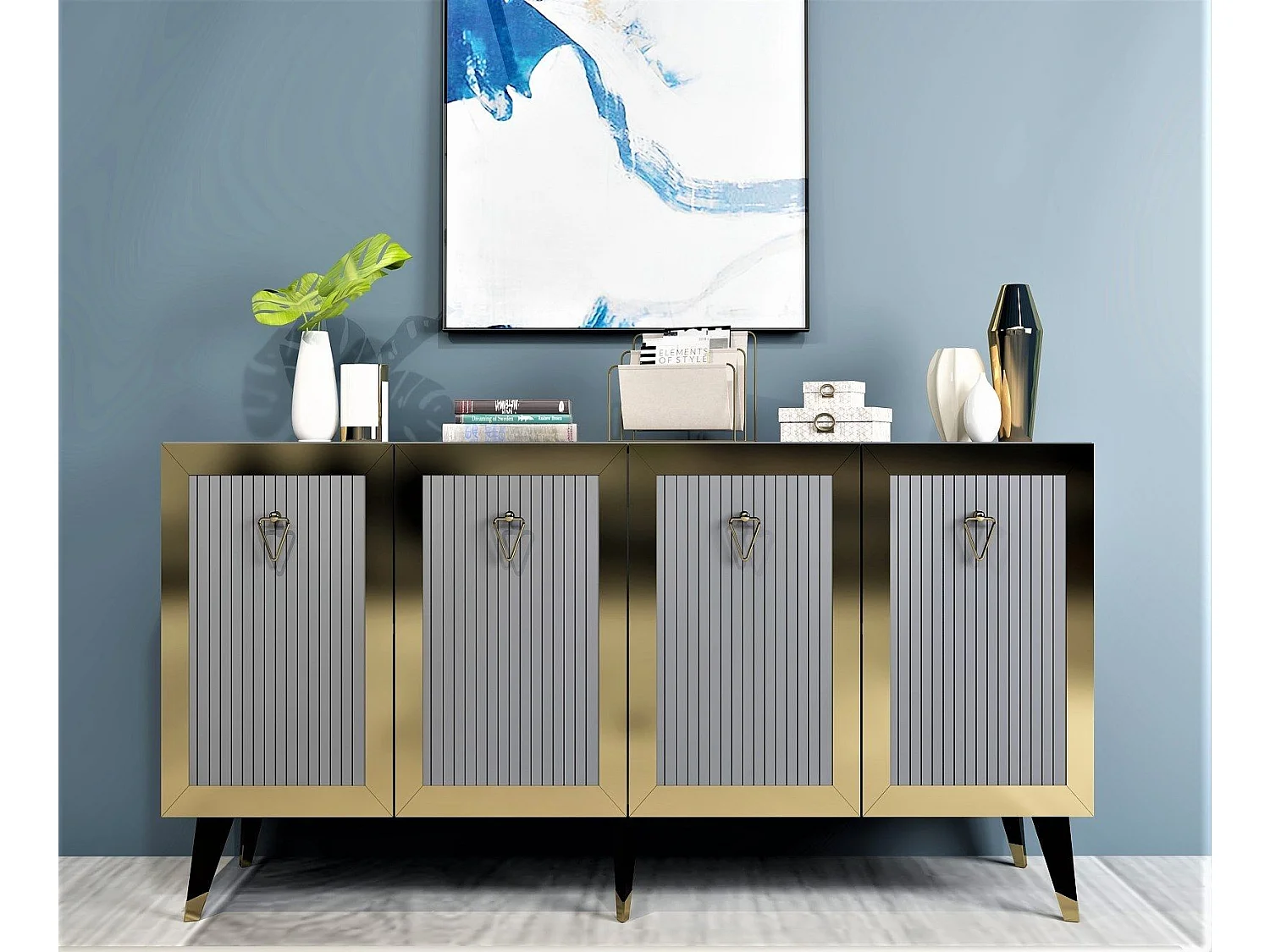 Aparador Kailua 1868, Negro|Dorado|Antracita, 80x150x40cm, Aglomerado laminado