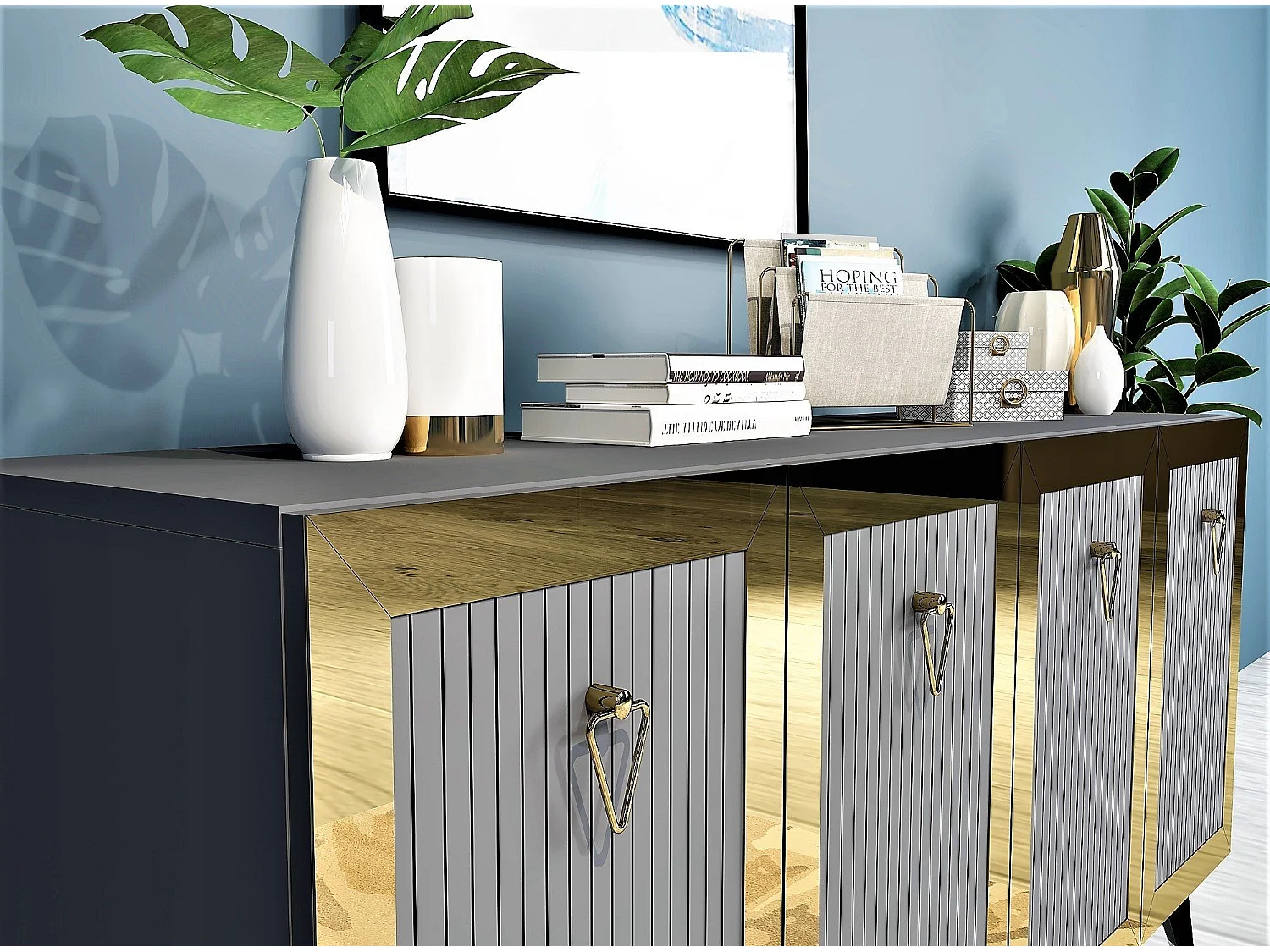 Aparador Kailua 1868, Negro|Dorado|Antracita, 80x150x40cm, Aglomerado laminado