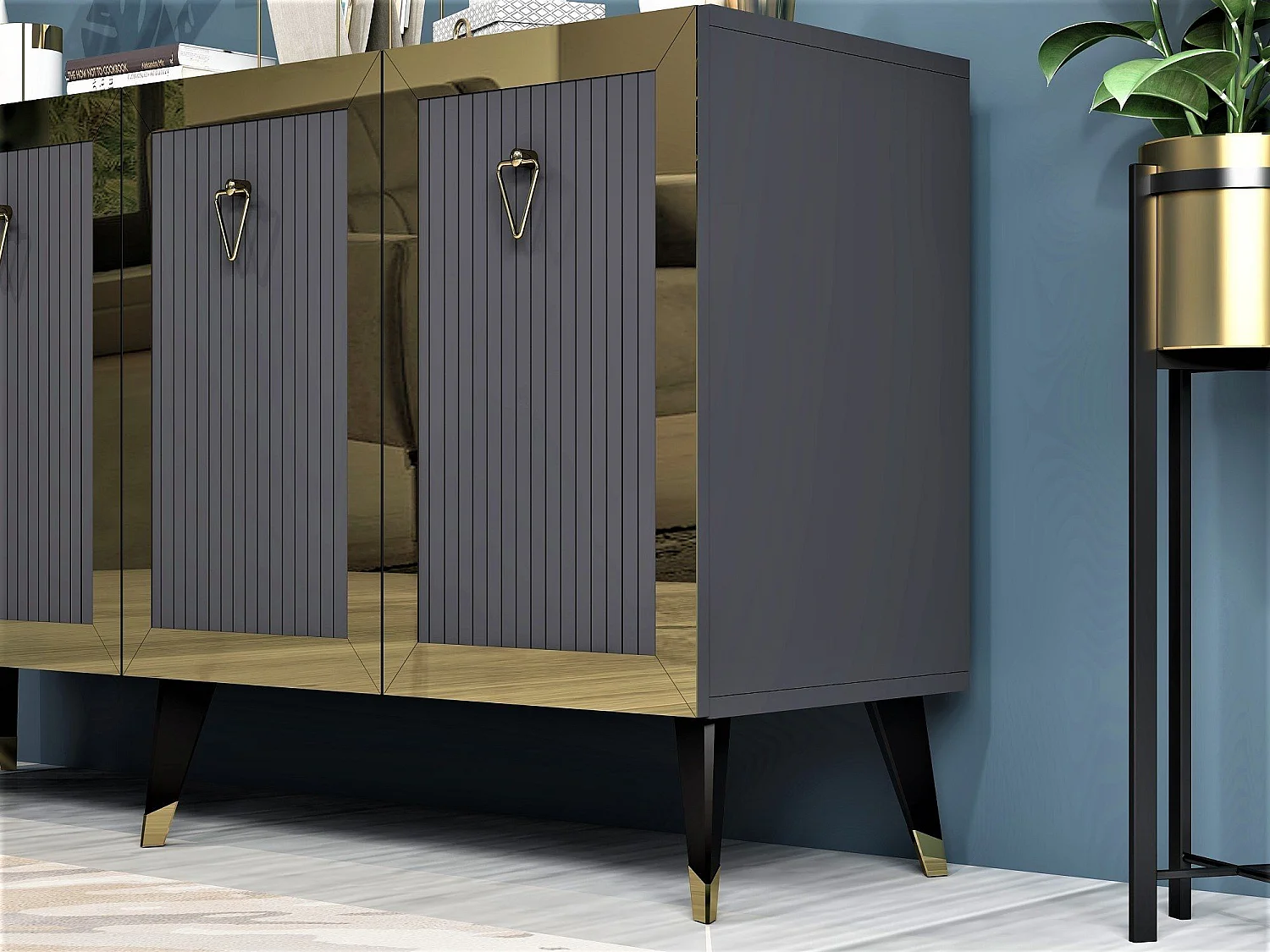 Aparador Kailua 1868, Negro|Dorado|Antracita, 80x150x40cm, Aglomerado laminado