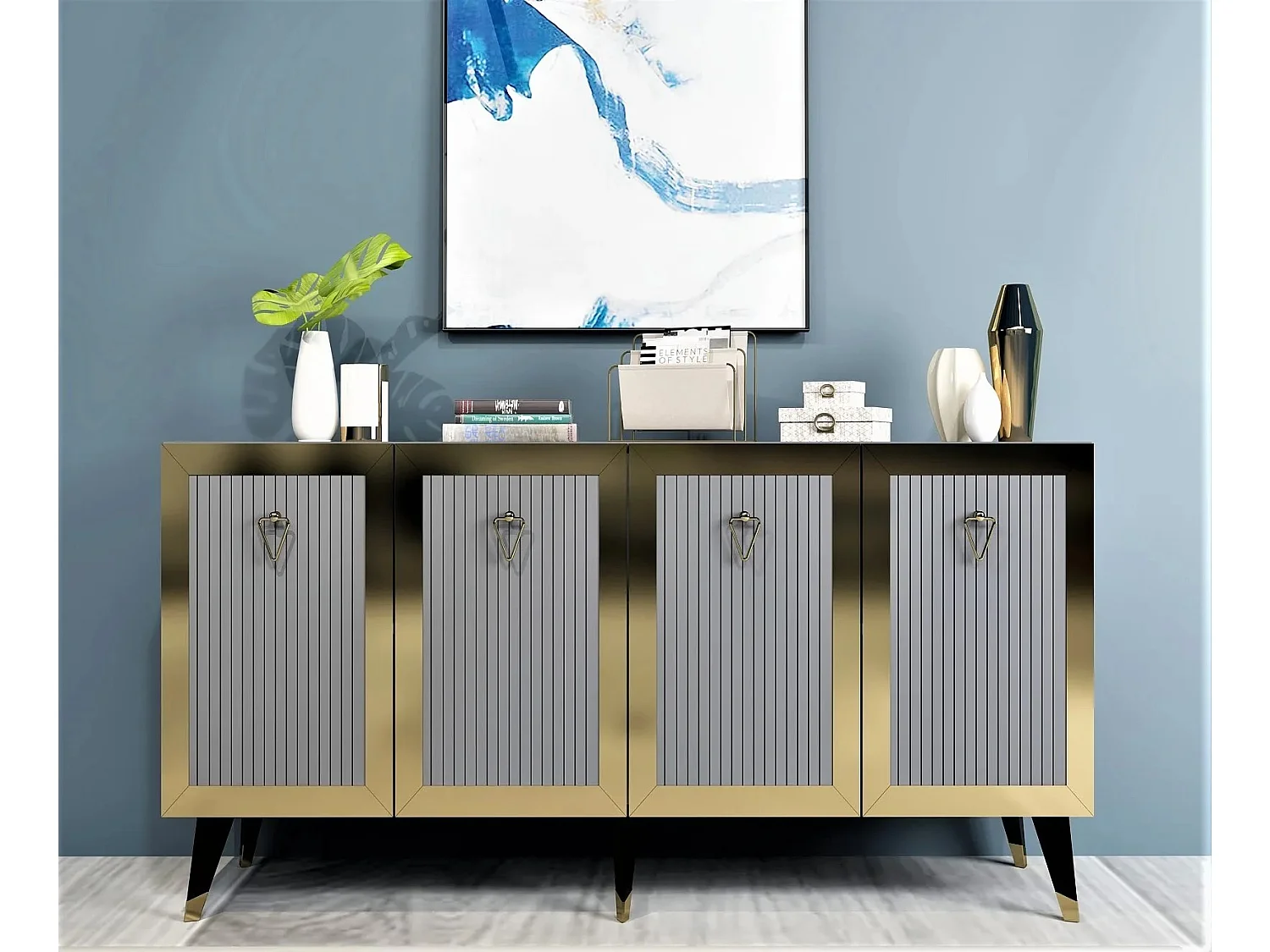 Buffet 4 portes Ethne L150xH80cm Anthracite et Or