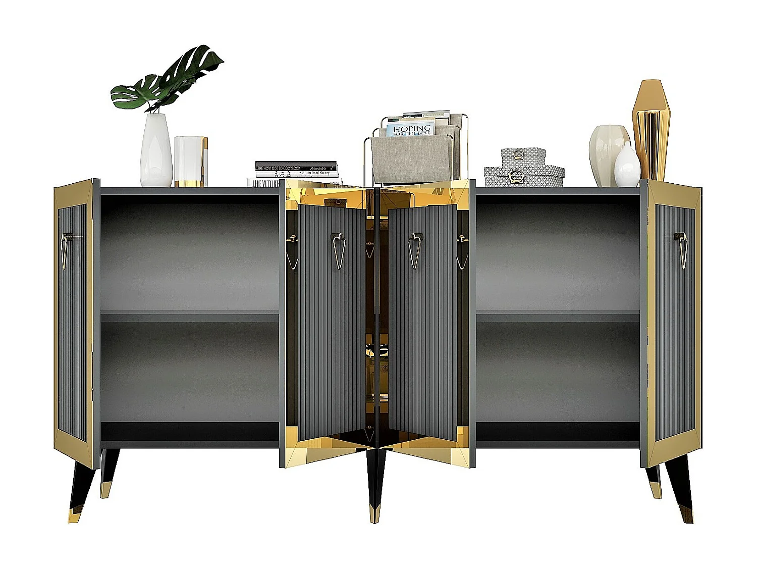 Buffet 4 portes Ethne L150xH80cm Anthracite et Or