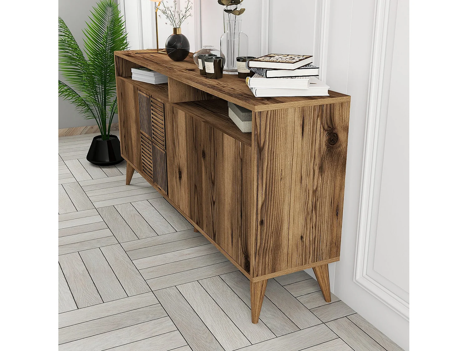 Buffet bas 4 portes et 2 tiroirs Kaltes L160cm Bois Naturel