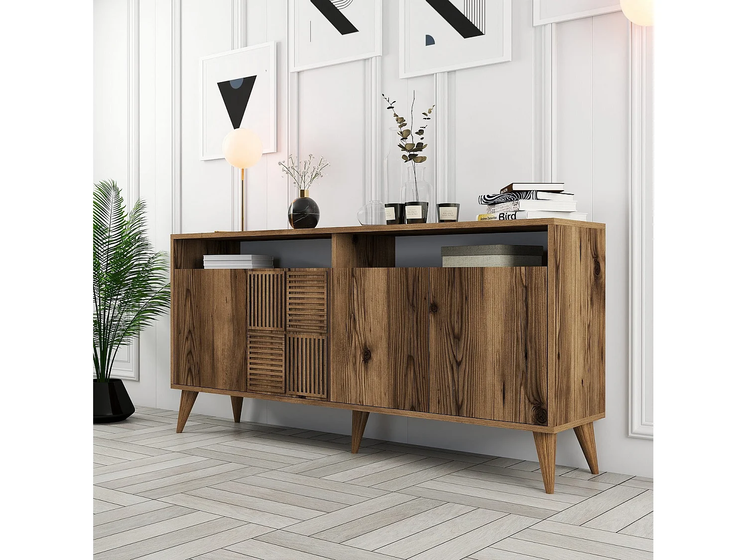 Aparador Moderno – 160 cm x 78 cm x 35 cm – Nogueira – Painel de Partículas 100% Revestido em Melamina