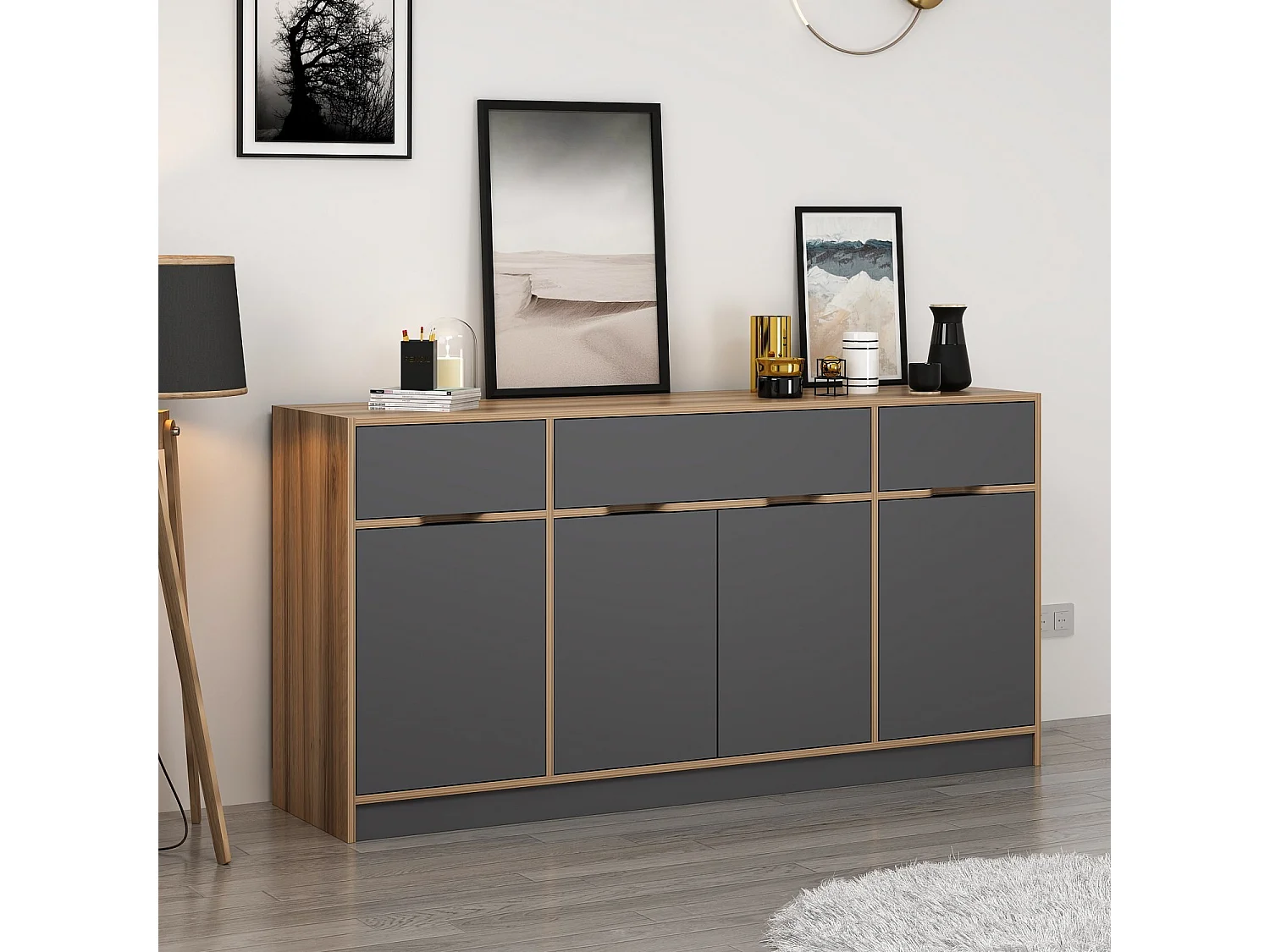 Buffet Mui L180xH90cm Bois foncé et Anthracite