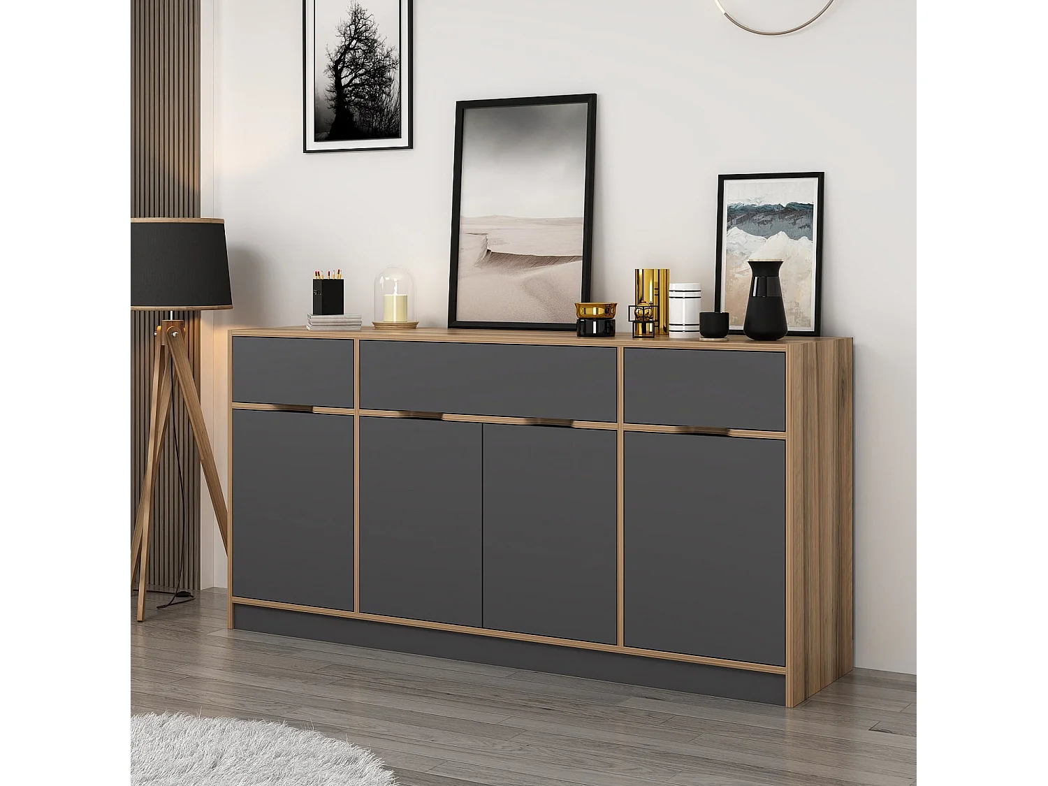 Buffet Mui L180xH90cm Bois foncé et Anthracite