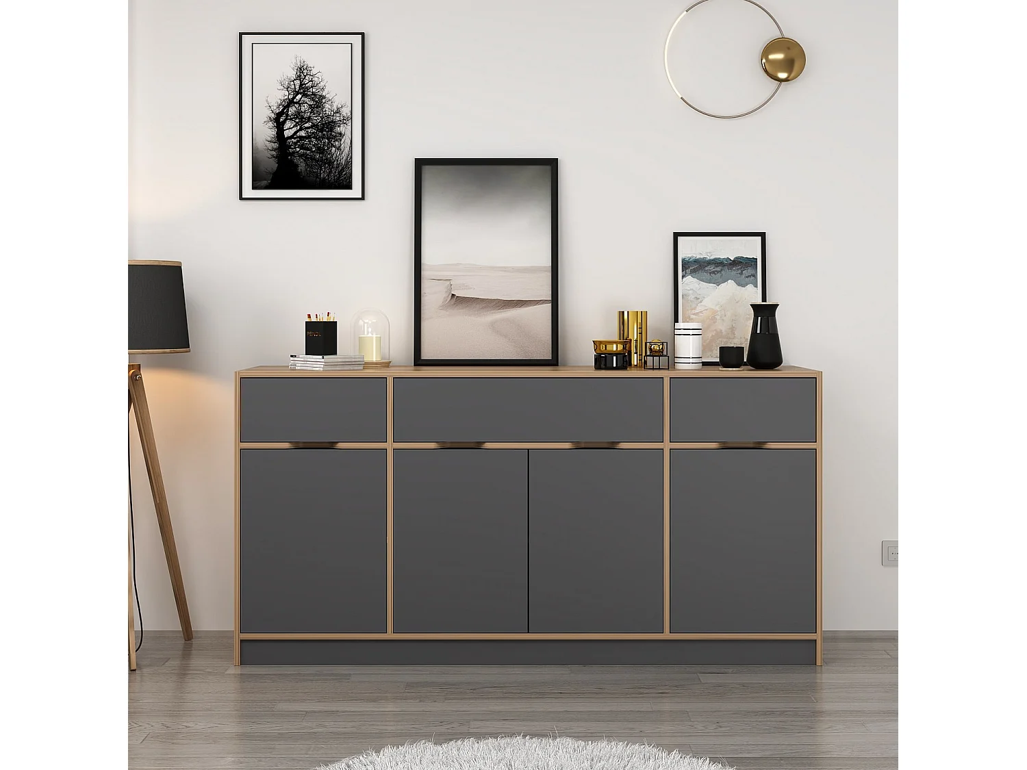 Buffet Mui L180xH90cm Bois foncé et Anthracite