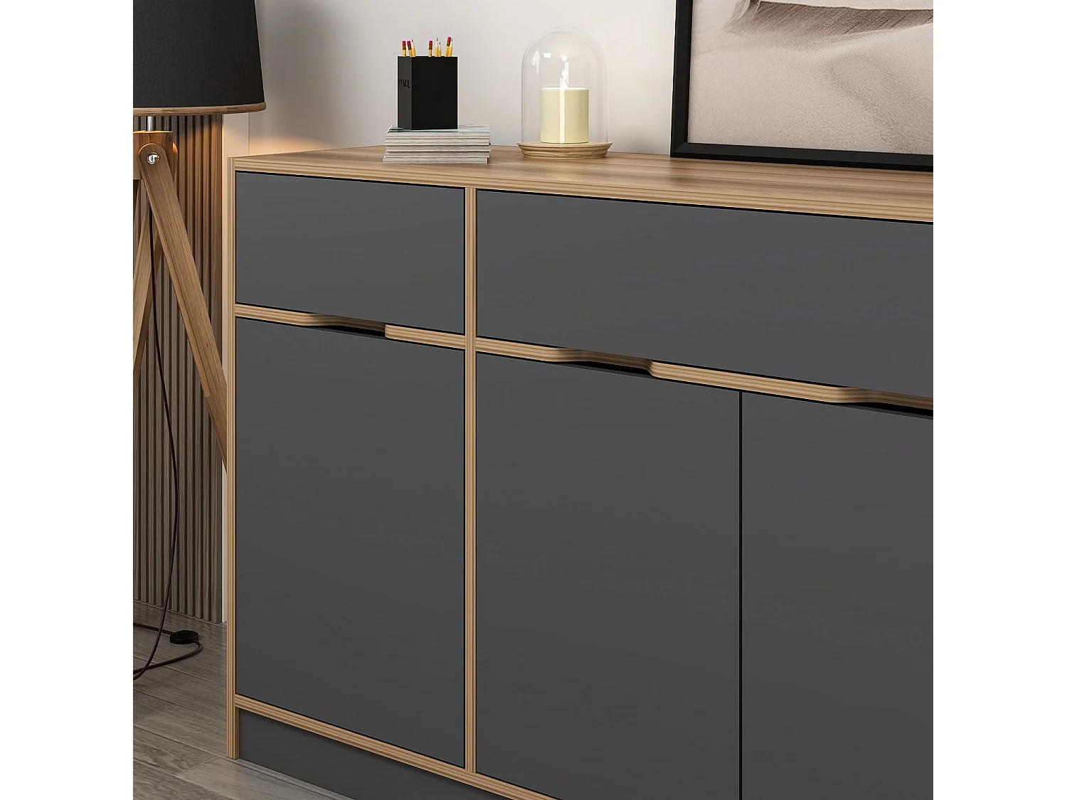 Buffet Mui L180xH90cm Bois foncé et Anthracite