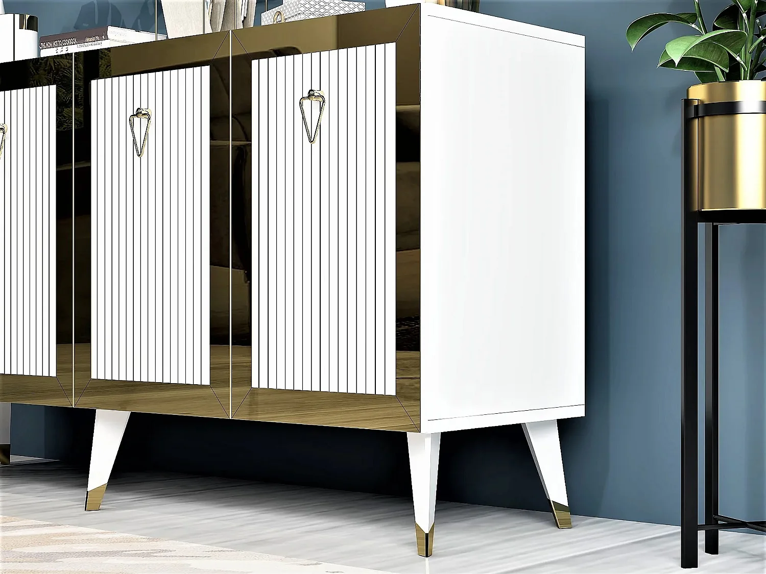 Buffet 4 portes Ethne L150xH80cm Blanc et Or
