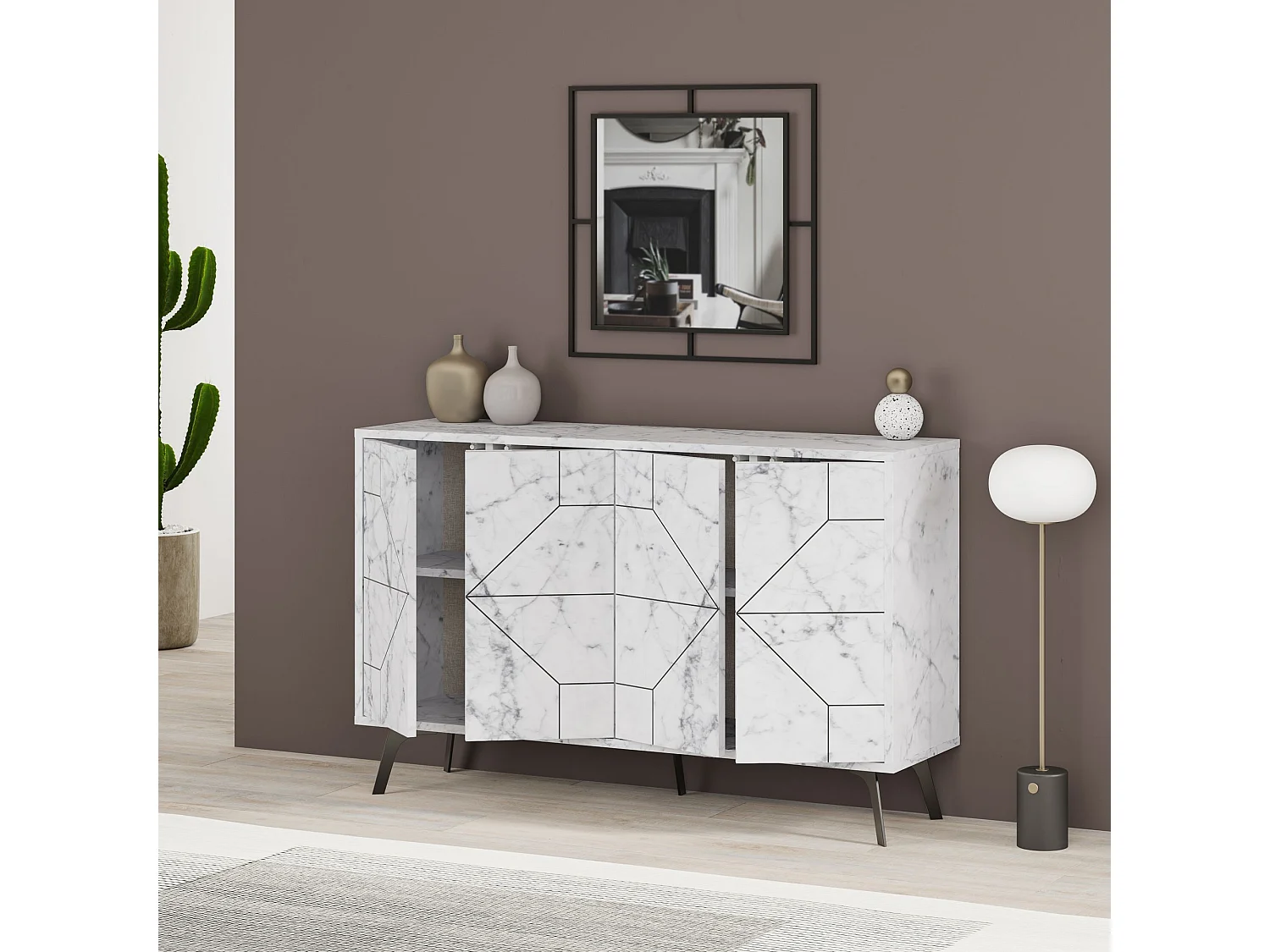 Buffet bas Santos 123cm Bois Effet marbre motif géométrique Blanc