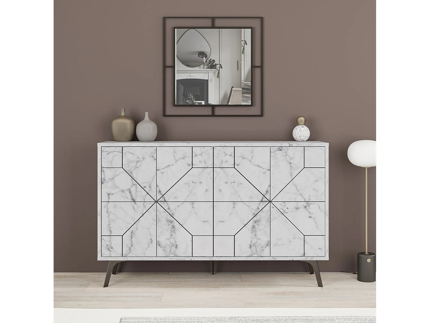 Buffet bas Santos 123cm Bois Effet marbre motif géométrique Blanc