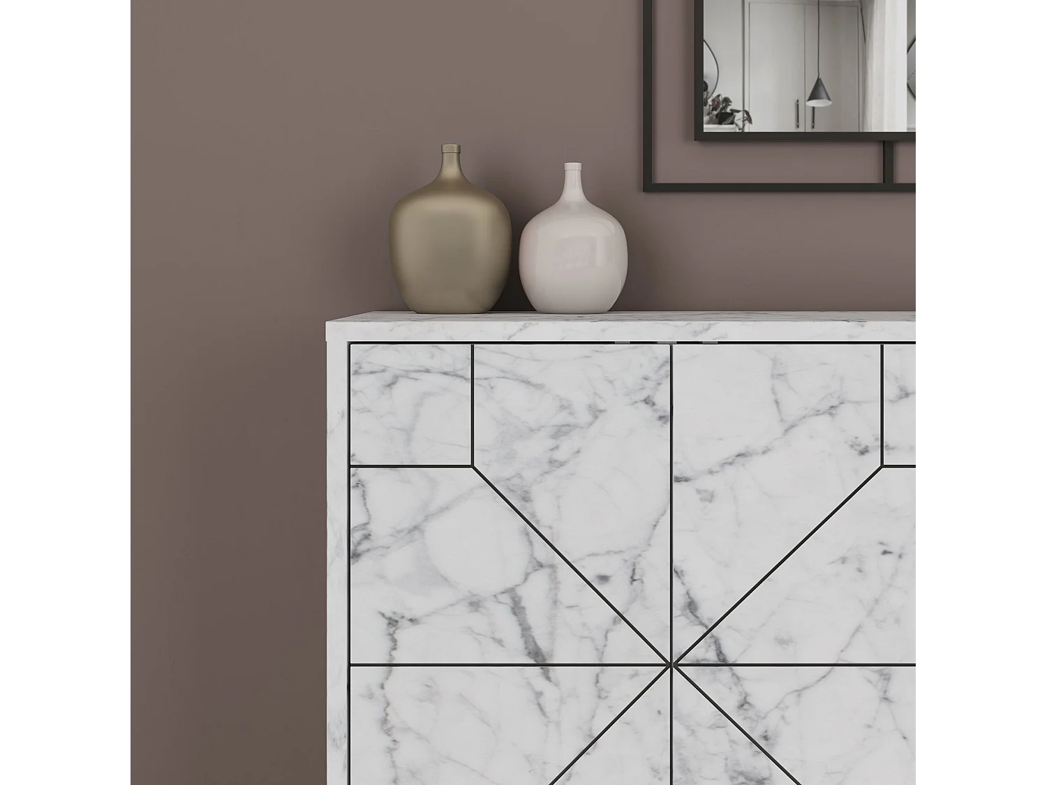 Buffet bas Santos 123cm Bois Effet marbre motif géométrique Blanc