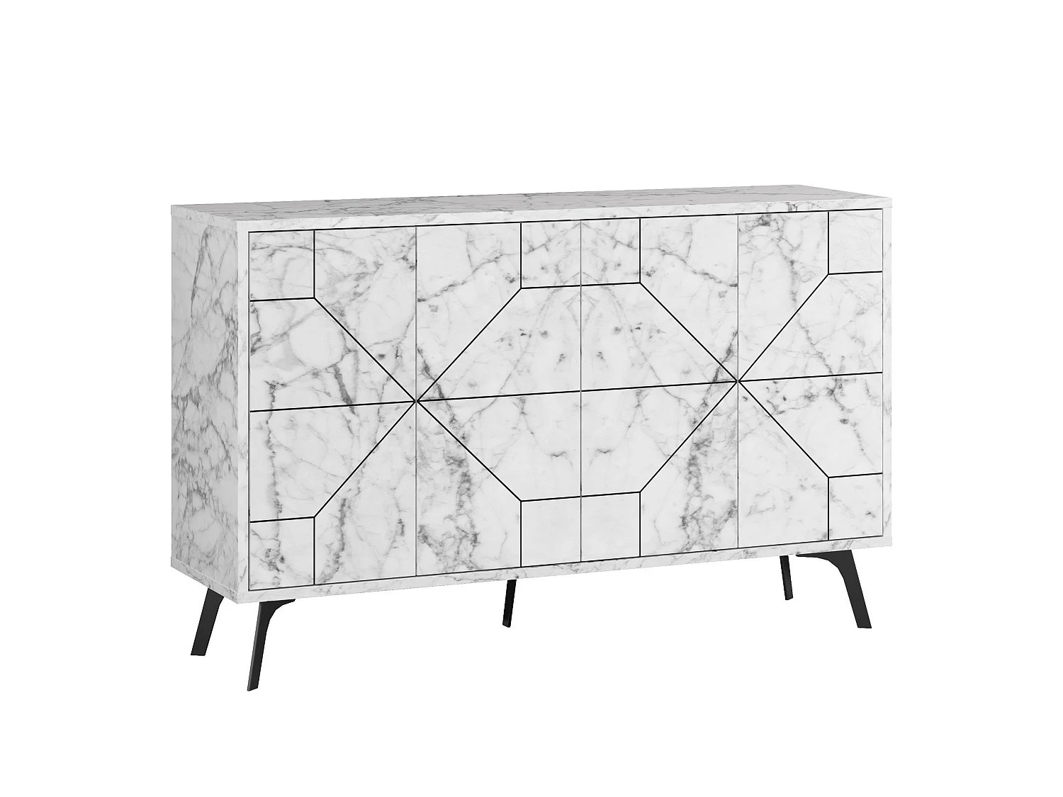 Buffet bas Santos 123cm Bois Effet marbre motif géométrique Blanc