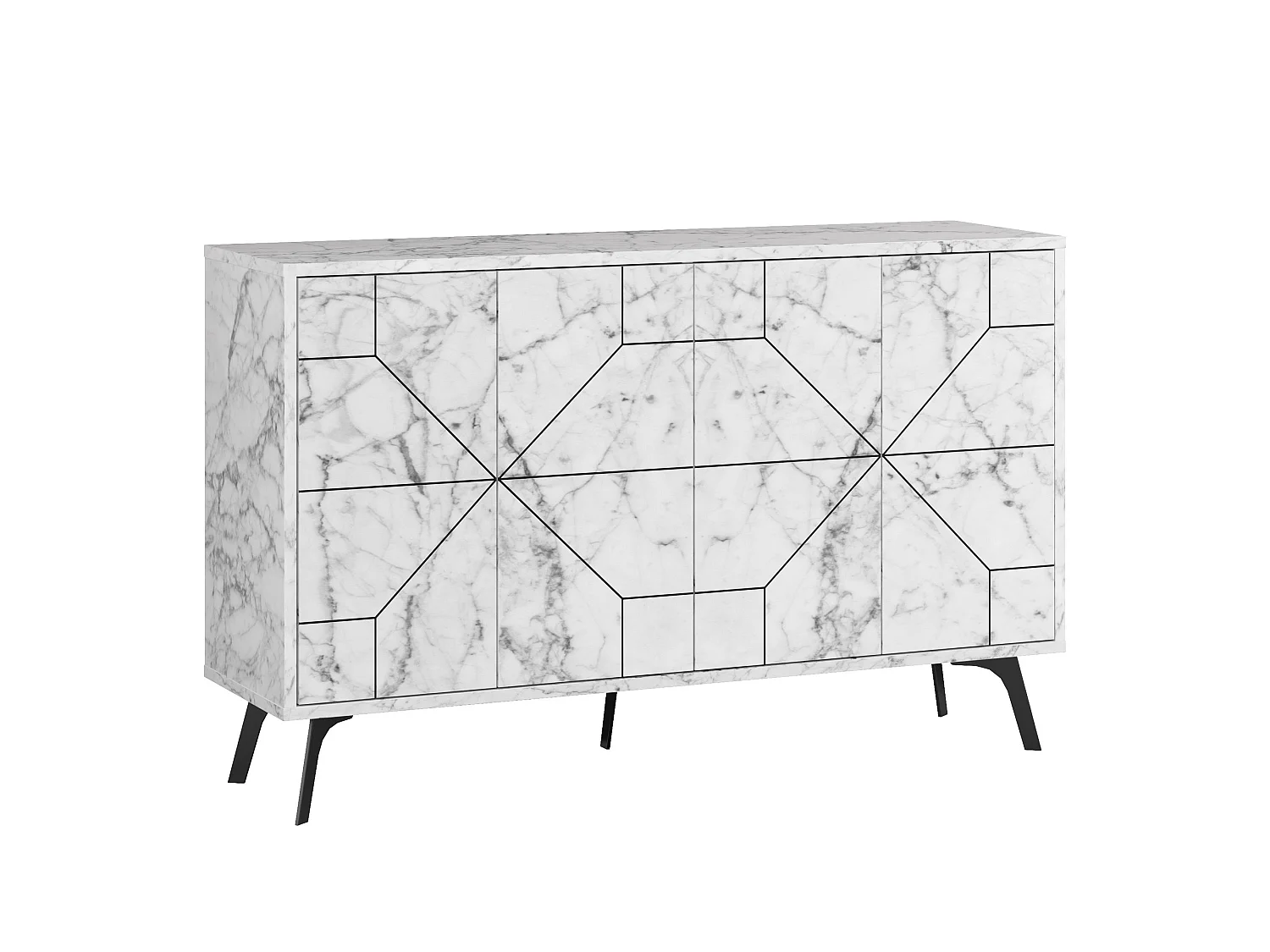 Buffet bas Santos 123cm Bois Effet marbre motif géométrique Blanc