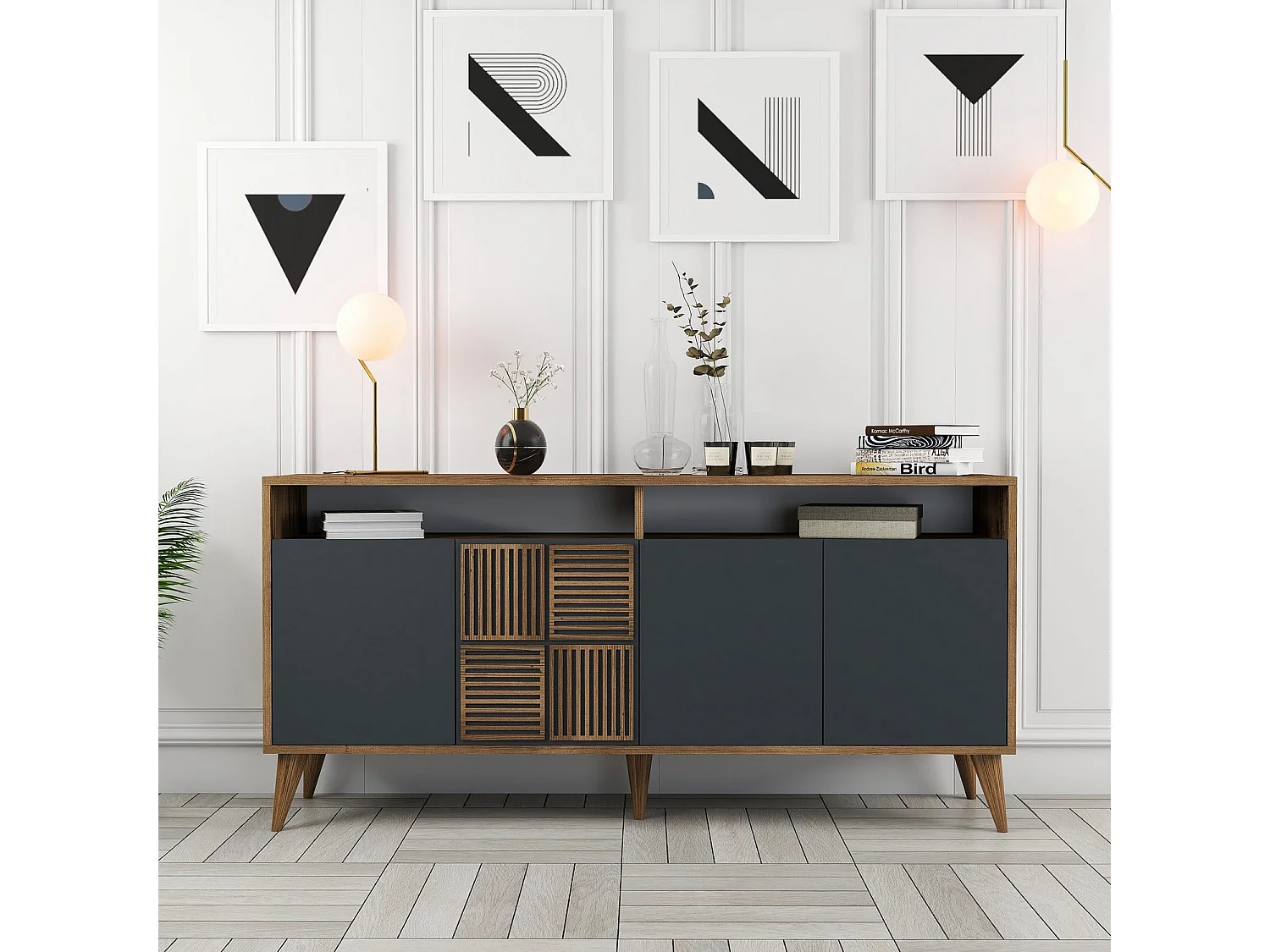 Buffet bas 4 portes et 2 tiroirs Kaltes L160cm Bois et Anthracite