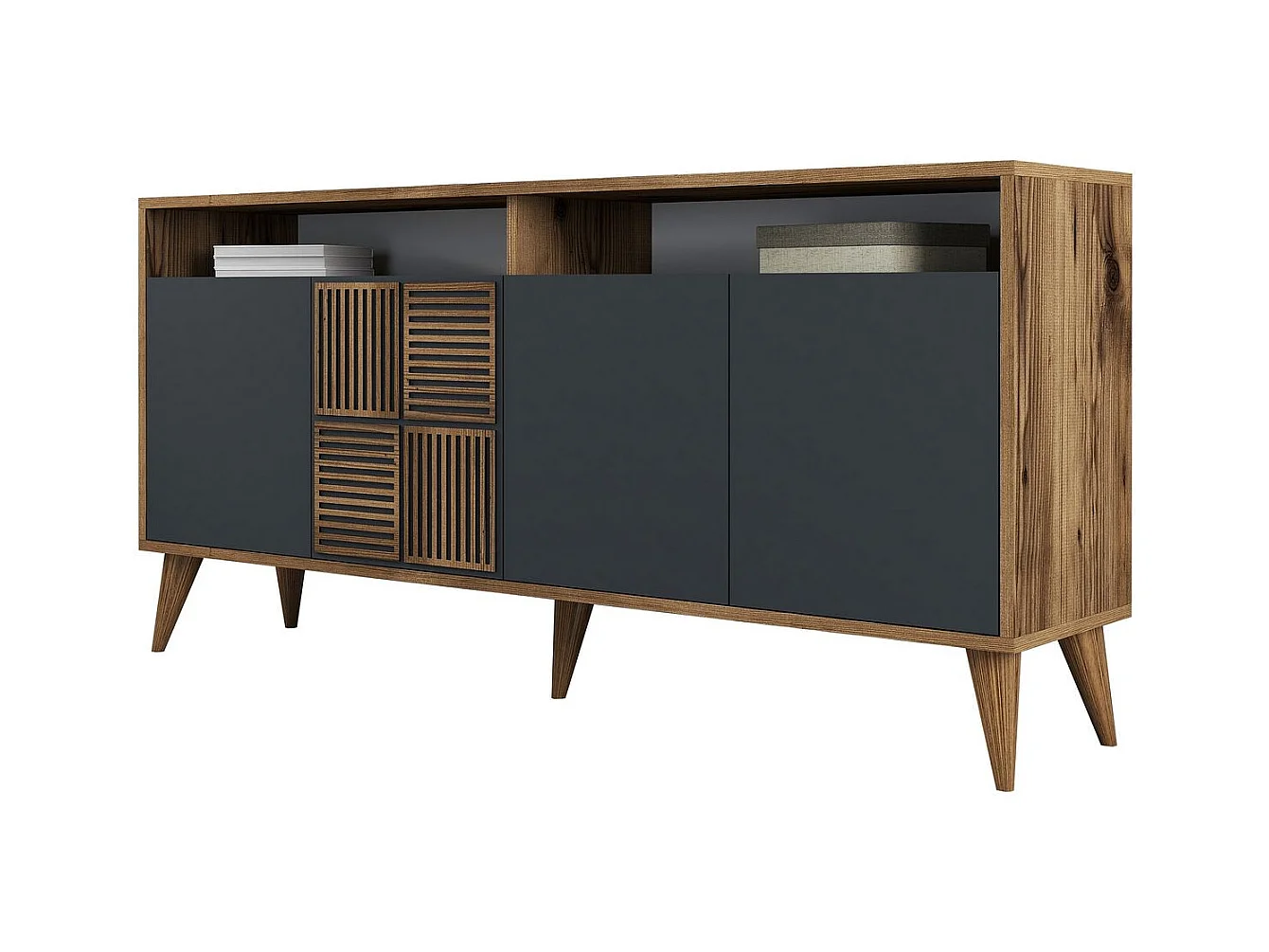 Buffet bas 4 portes et 2 tiroirs Kaltes L160cm Bois et Anthracite