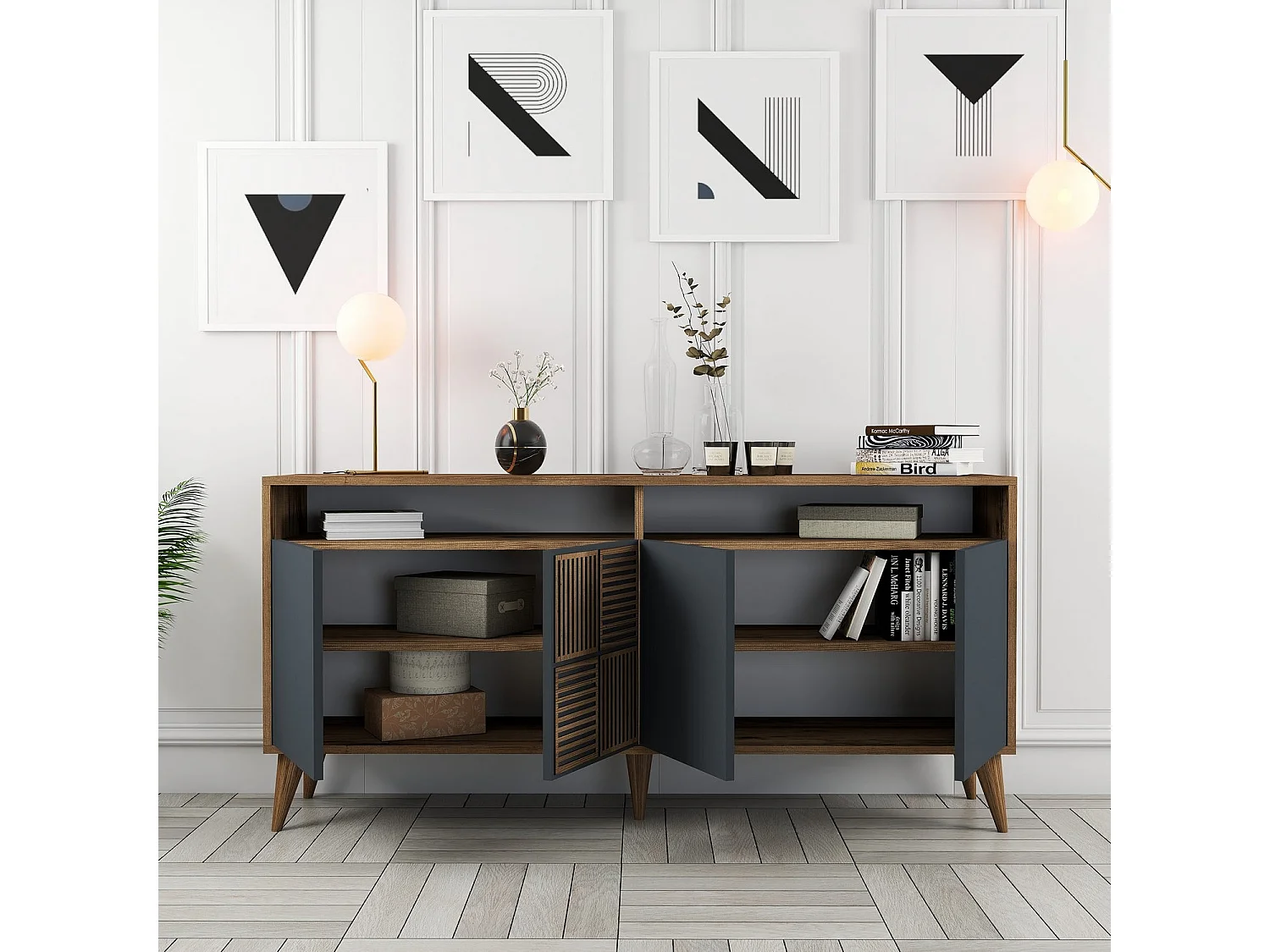 Aparador Moderno – 160 x 78 x 35 cm – Nogueira e Antracite – 100% Melamina