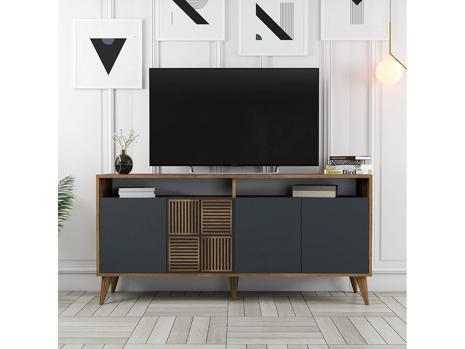 Aparador Moderno – 160 x 78 x 35 cm – Nogueira e Antracite – 100% Melamina