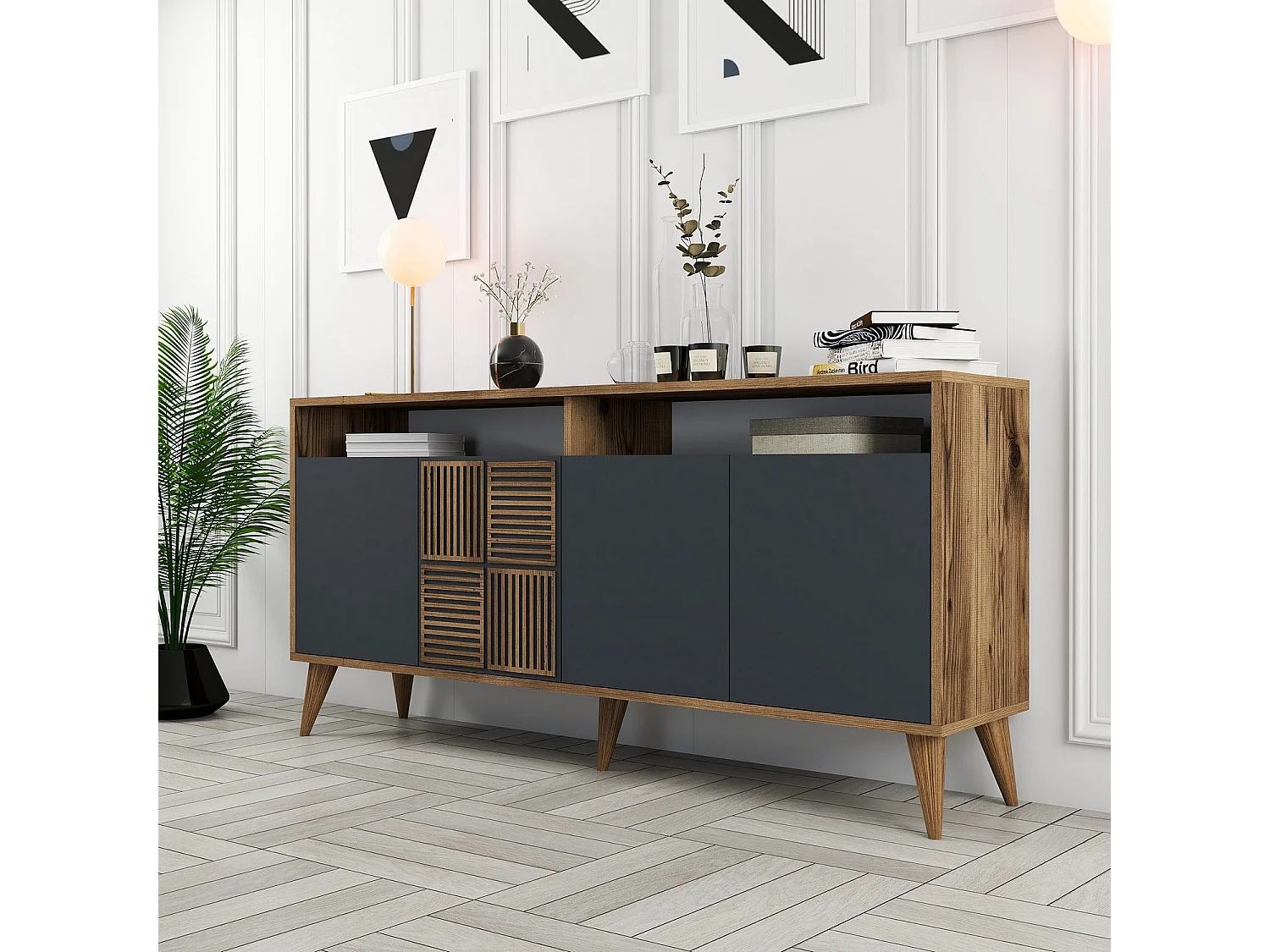 Modernes Sideboard – 160 x 78 x 35 cm – Walnuss und Anthrazit – 100 % Melamin