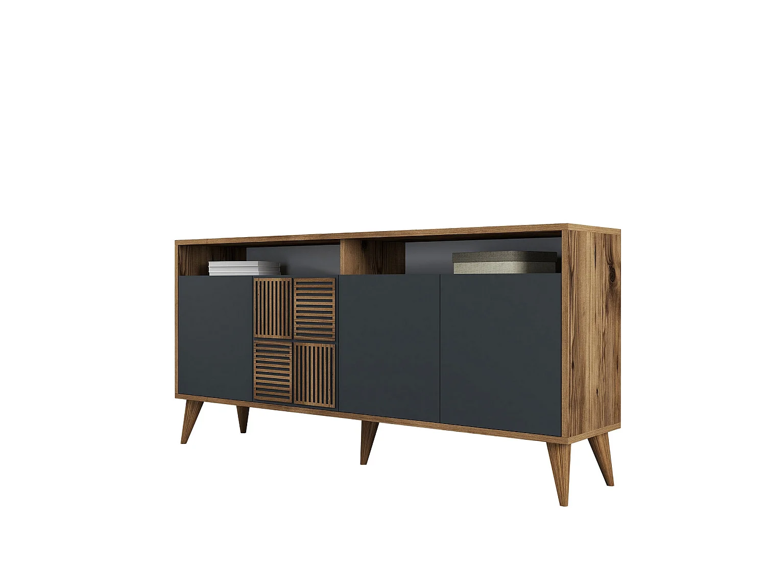 Modernes Sideboard – 160 x 78 x 35 cm – Walnuss und Anthrazit – 100 % Melamin