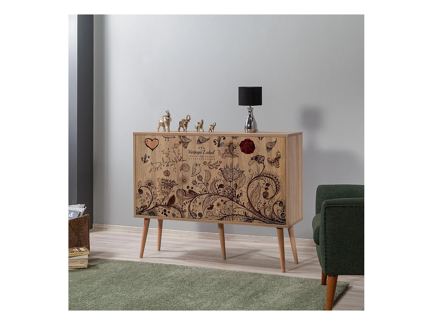 Buffet 3 portes Areva 120x90cm Motif 'Vintage label' Bois Naturel et Bleu