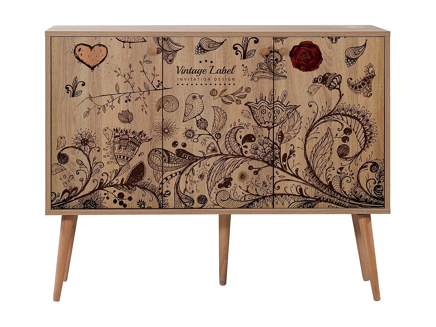 Buffet 3 portes Areva 120x90cm Motif 'Vintage label' Bois Naturel et Bleu