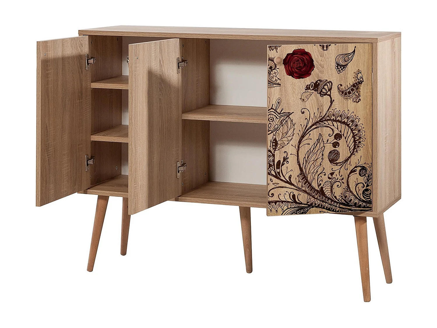 Buffet 3 portes Areva 120x90cm Motif 'Vintage label' Bois Naturel et Bleu